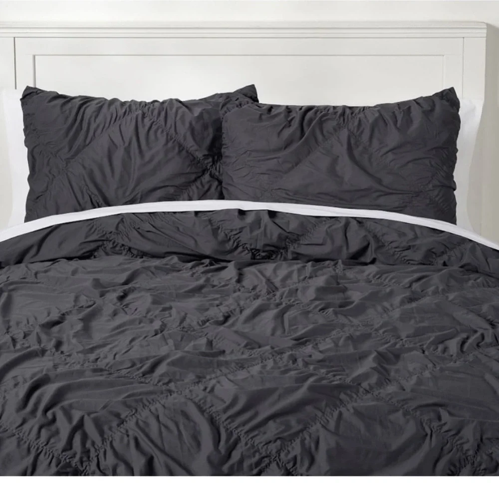 NEW Pottery Barn Dorm Organic Ruched Diamond Duvet Cover Twin Charcoal Gray